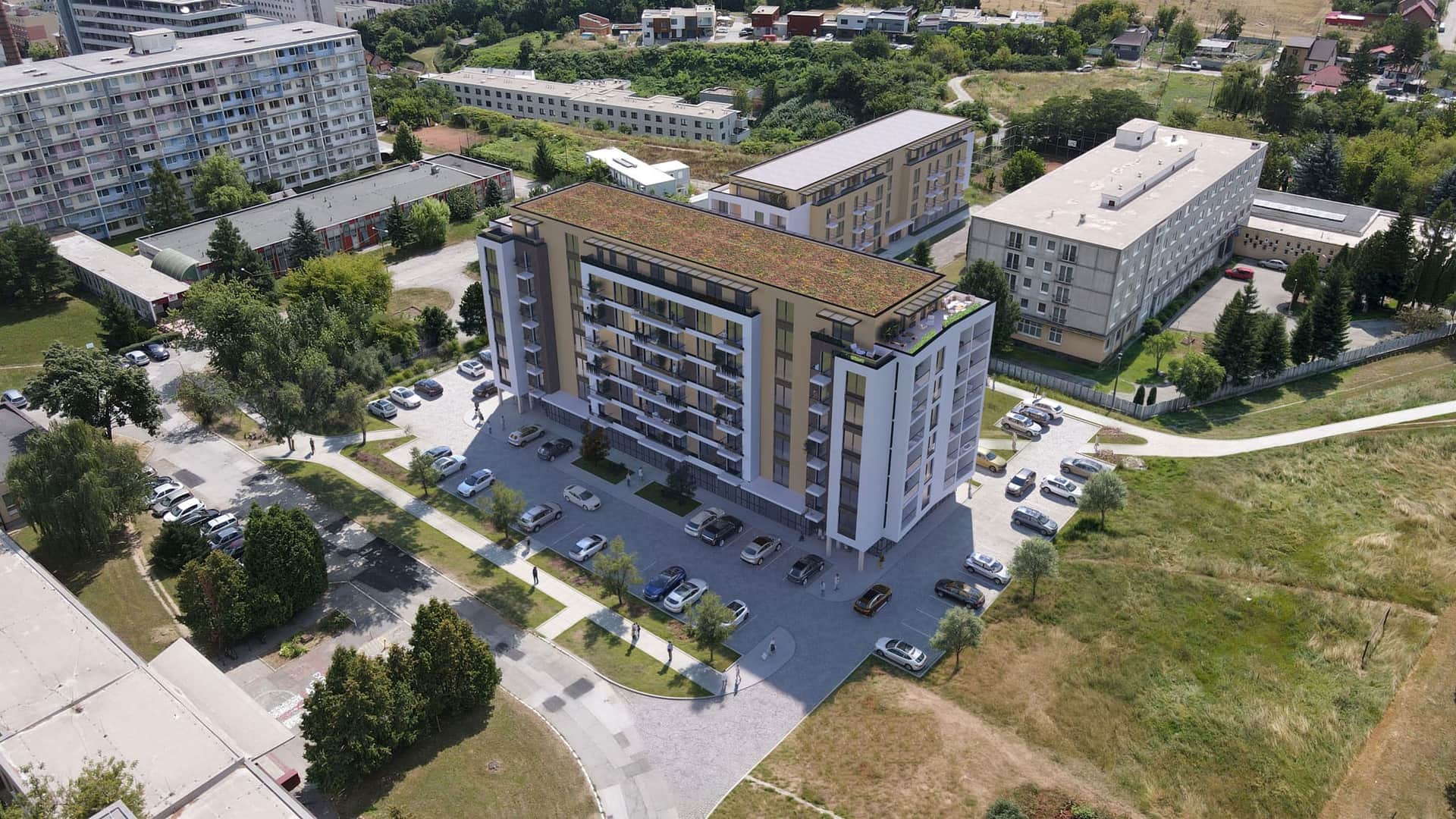 Letecký pohľad na bytový projekt Byty Medická a jeho okolie v Košiciach-Terase