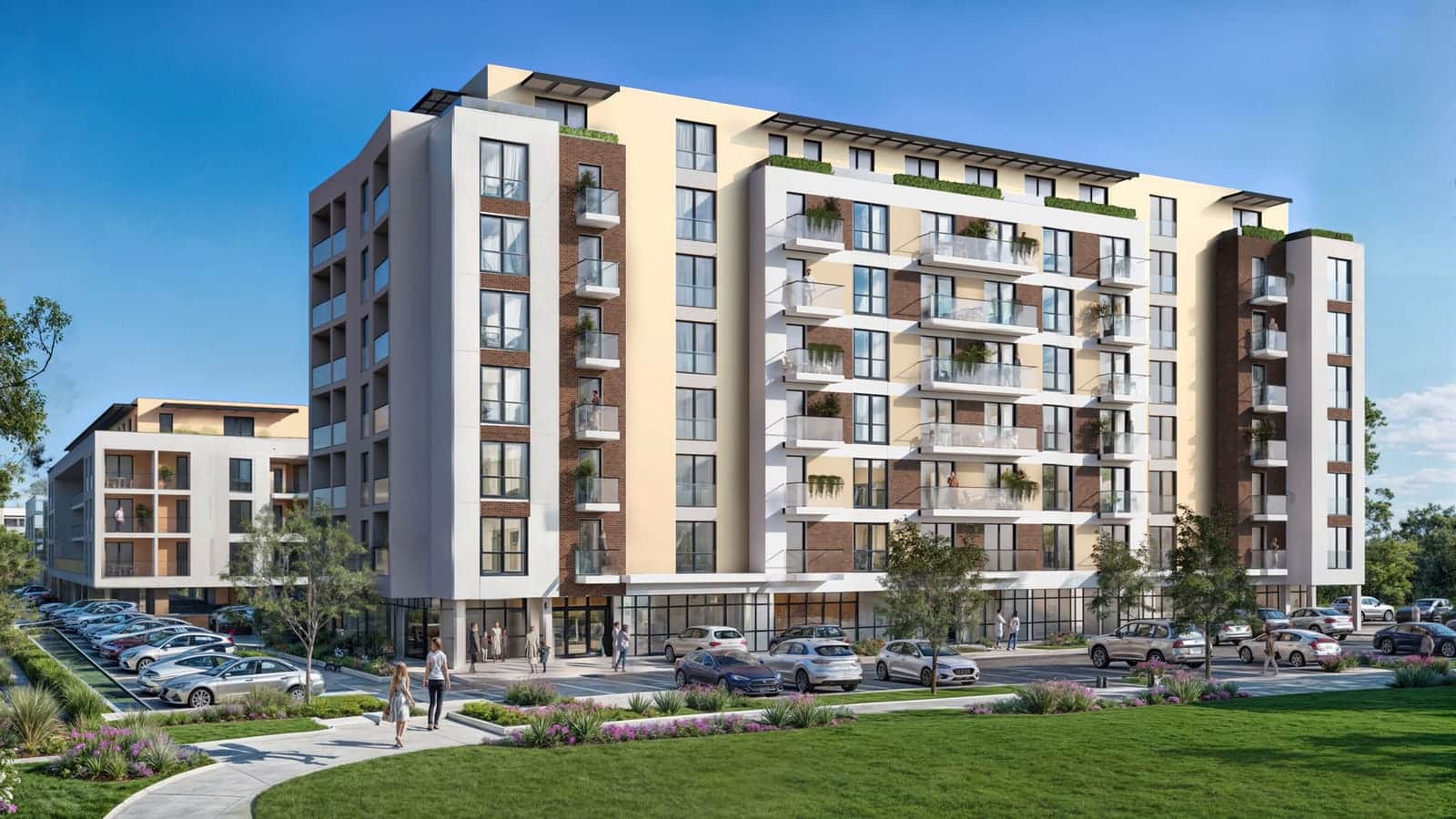 Denná vizualizácia projektu Byty Medická so zeleňou pred domom