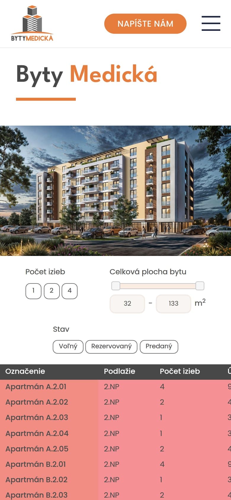 Ponuka bytov s filtrami na webe Byty Medická na mobile