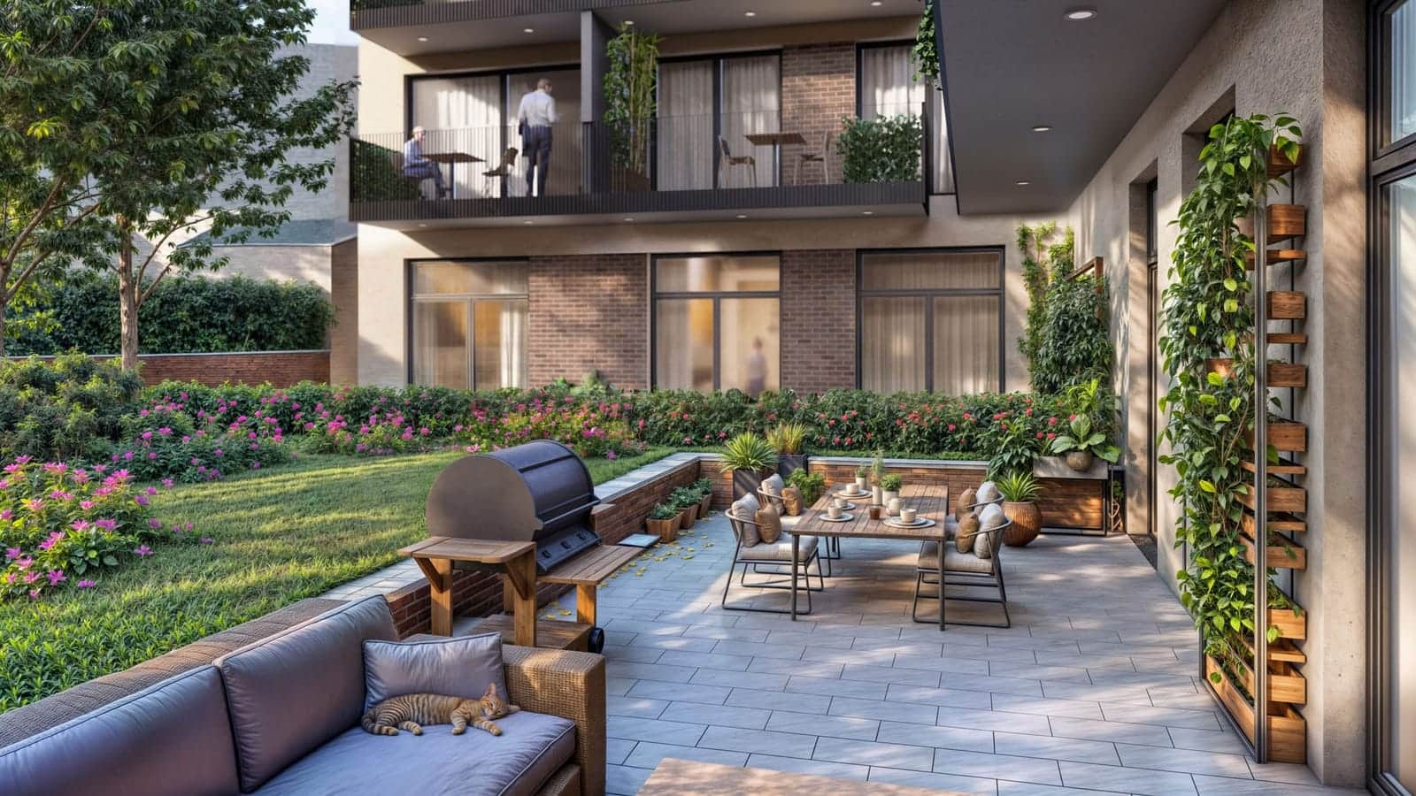 Vizualizácia terasy bytu na prízemí Prestige Residence s posedením a zeleňou