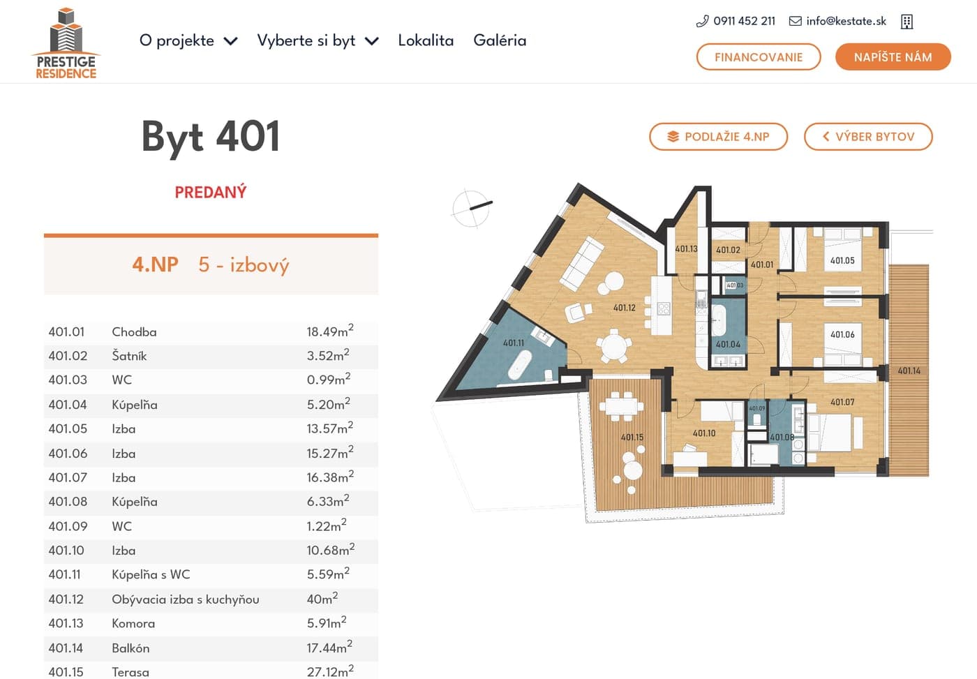 Detail päťizbového bytu 401 na webe Prestige Residence na tablete