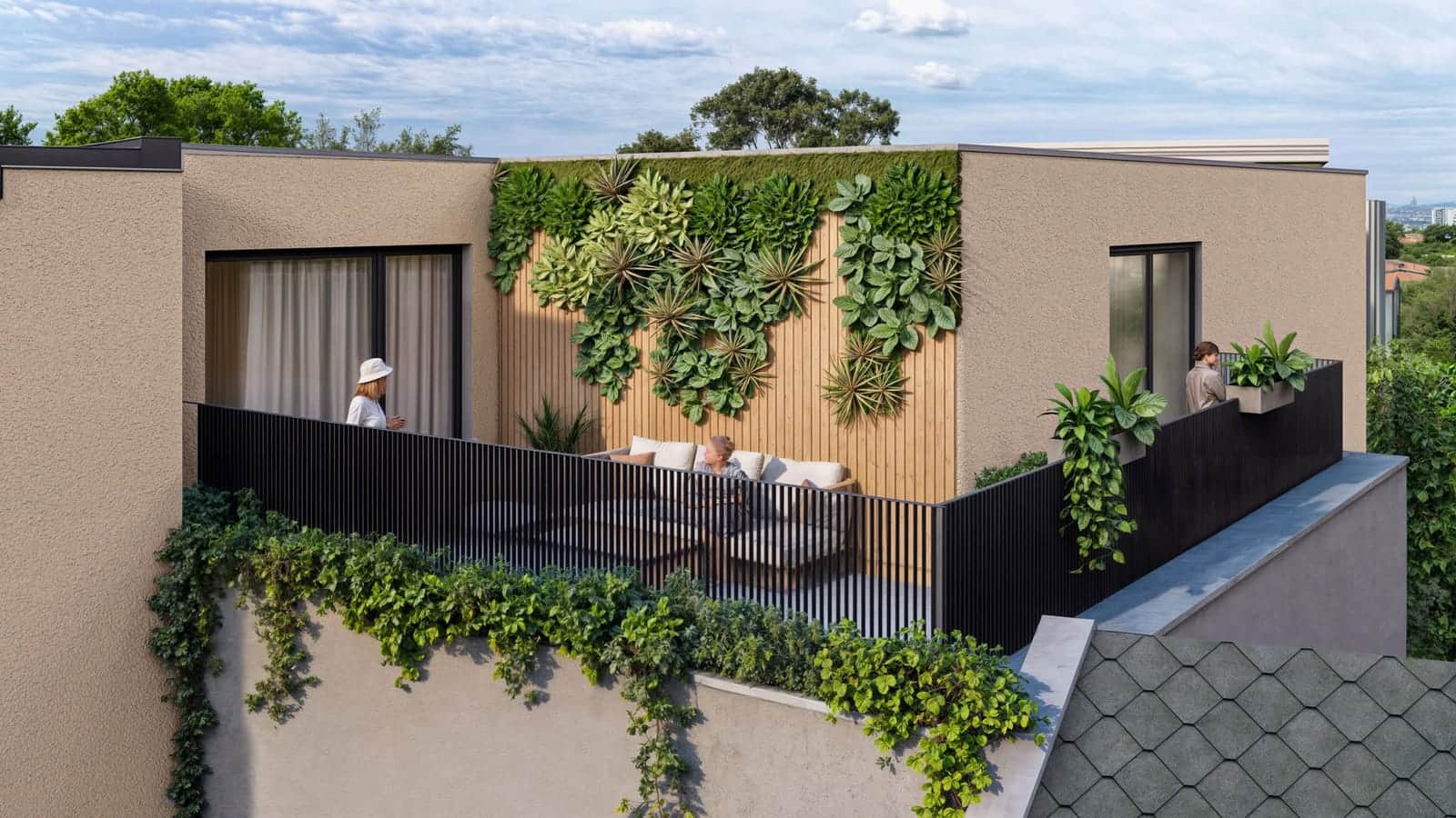 Vizualizácia terasy so zelenou stenou na najvyššom podlaží Prestige Residence