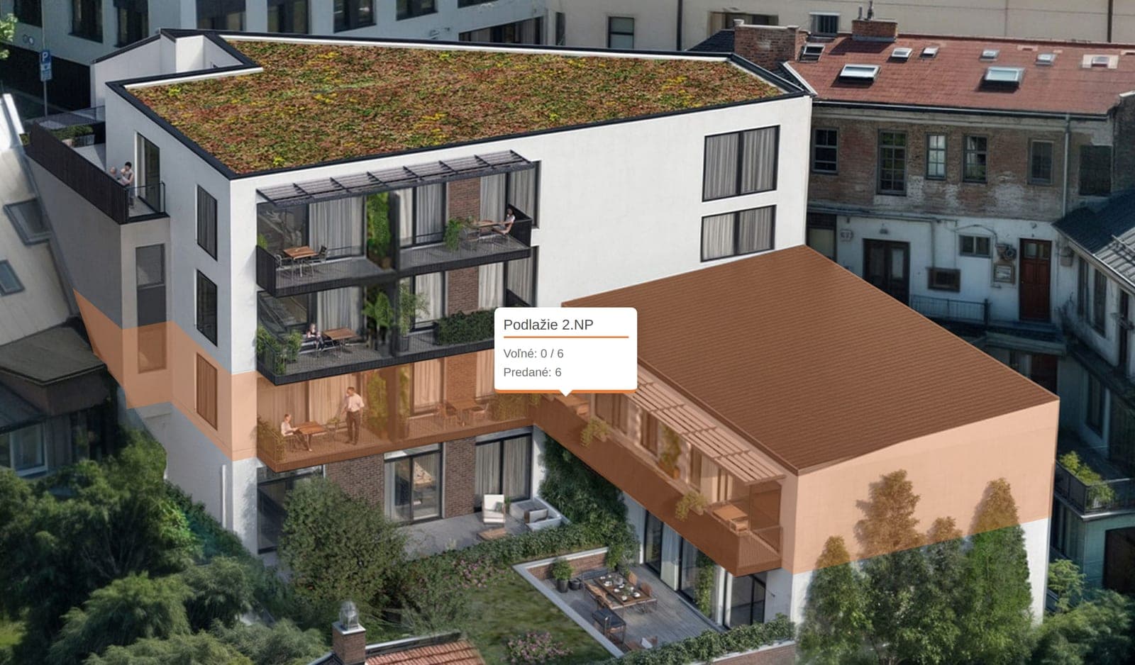 Výber podlažia na webe Prestige Residence: zvýraznené podlažie na vizualizácii domu s počtom voľných a predaných bytov