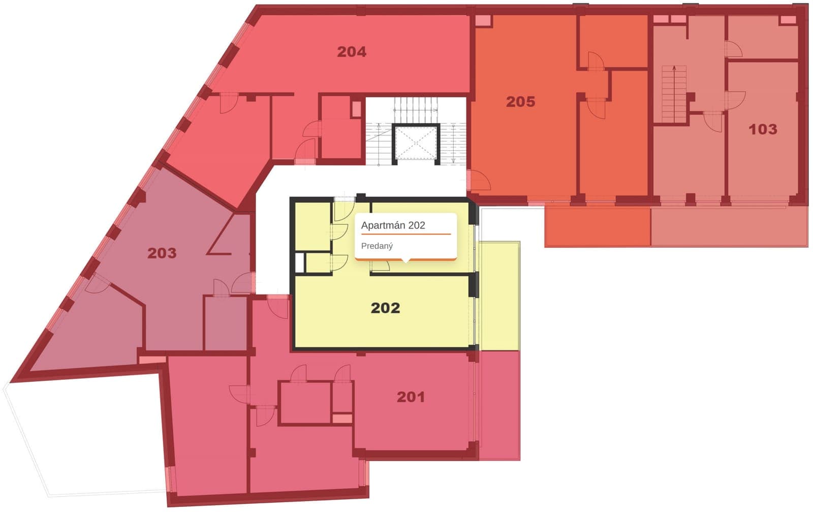Pôdorys 2. podlažia na webe Prestige Residence s označením bytu po prejdení myšou