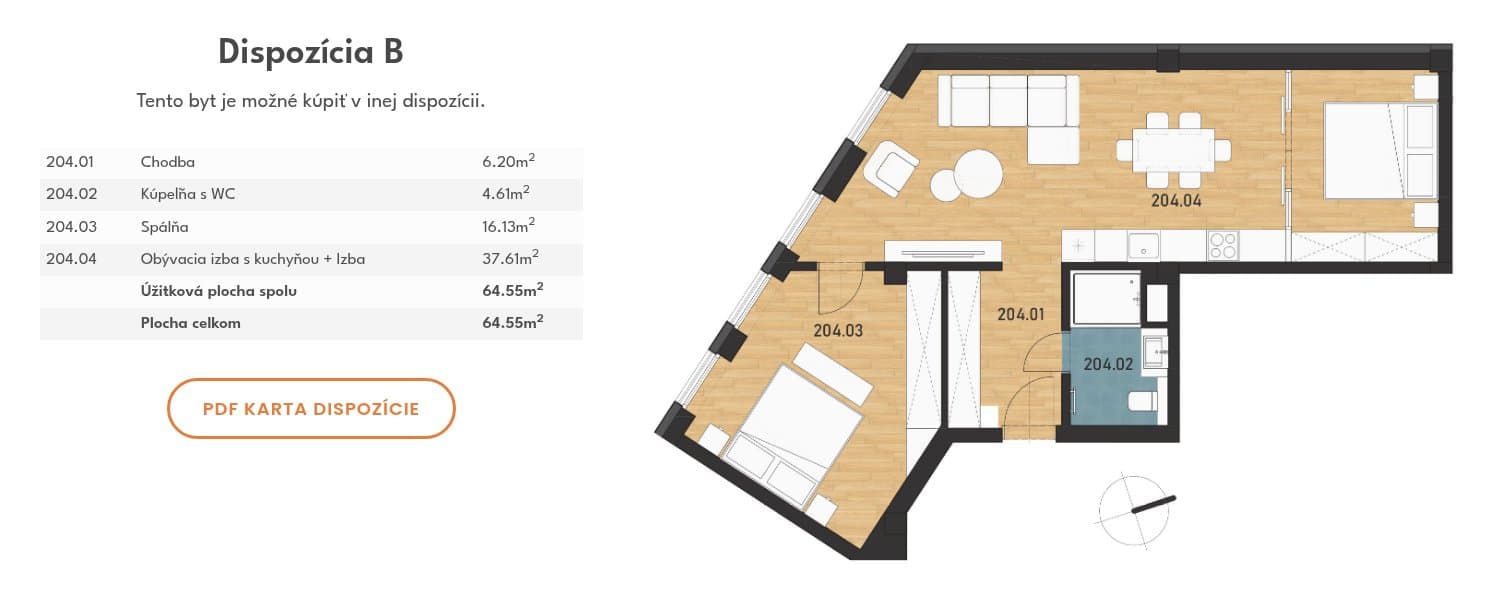 Dispozícia B bytu 204 na webe Prestige Residence: plochy miestností, pôdorys a PDF karta dispozície