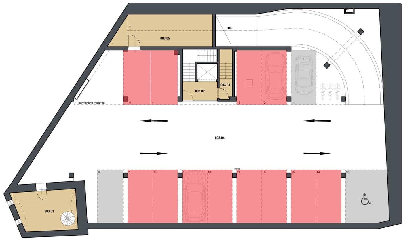 Mapa podzemnej garáže na webe Prestige Residence s 15 parkovacími miestami